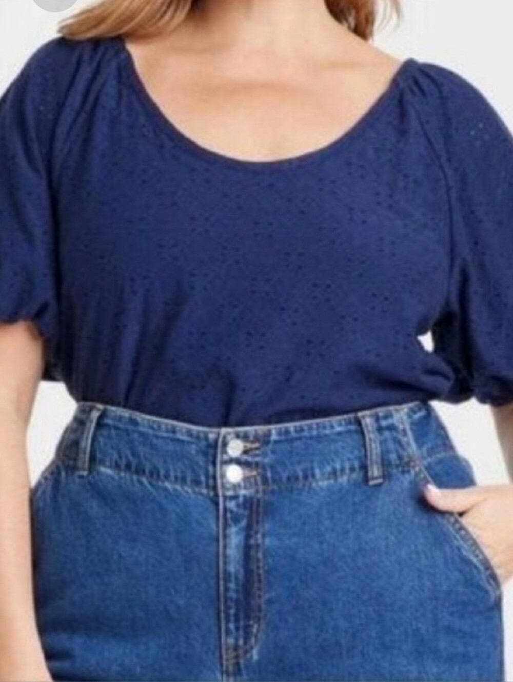 Ava & Viv Navy Eyelet Puff-Sleeve Scoop Neck Top